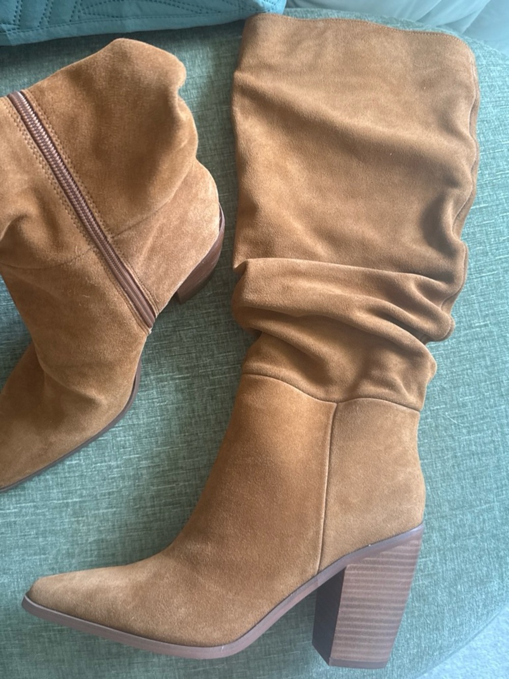 Vince Camuto Tan Suede Slouch Block Heel Boots